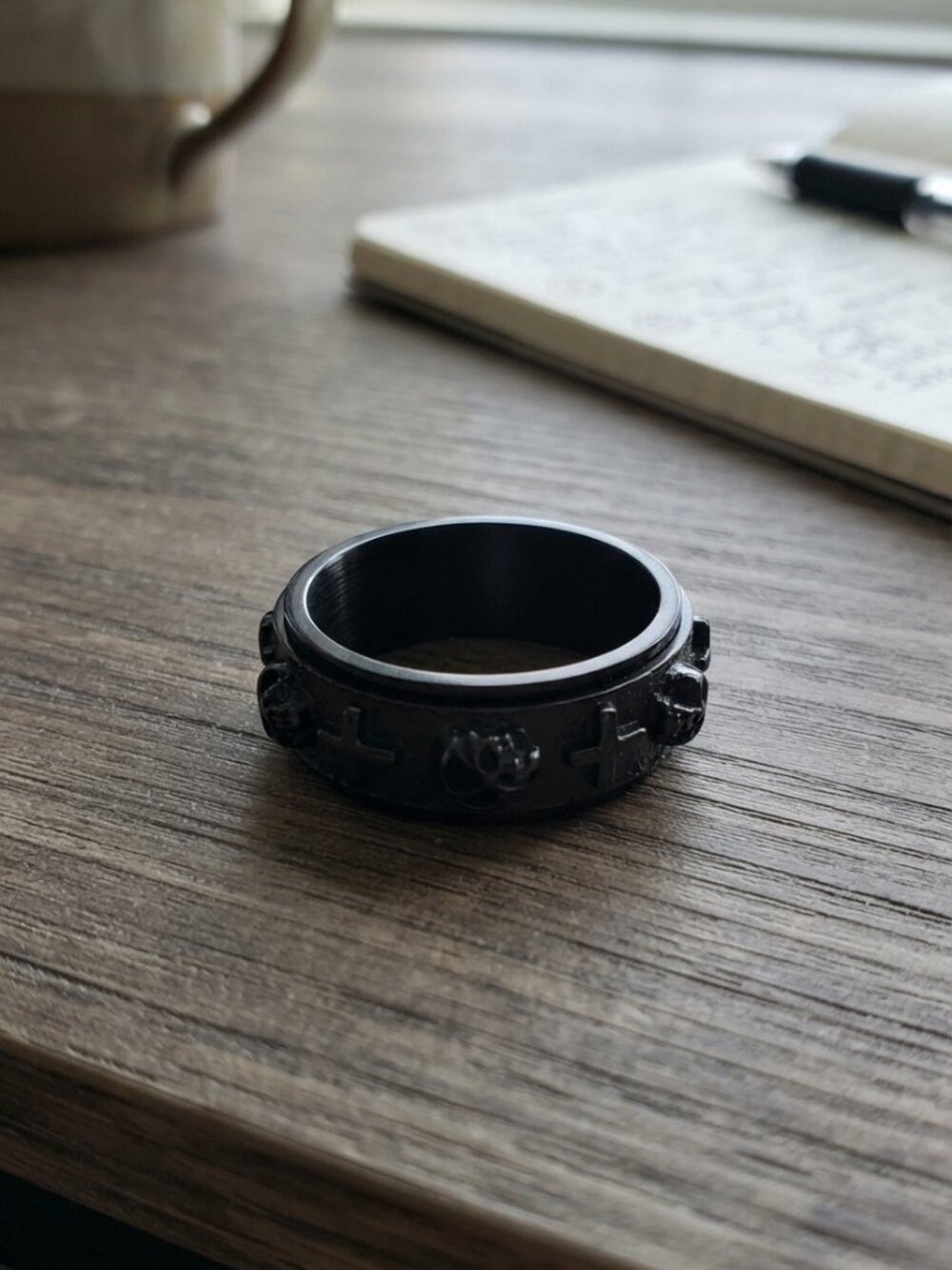 Mens Black Skull Cross Spinner Ring